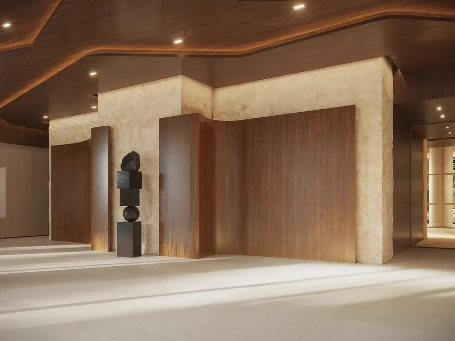 Perspectiva ilustrada do lobby do Singular, com escultura