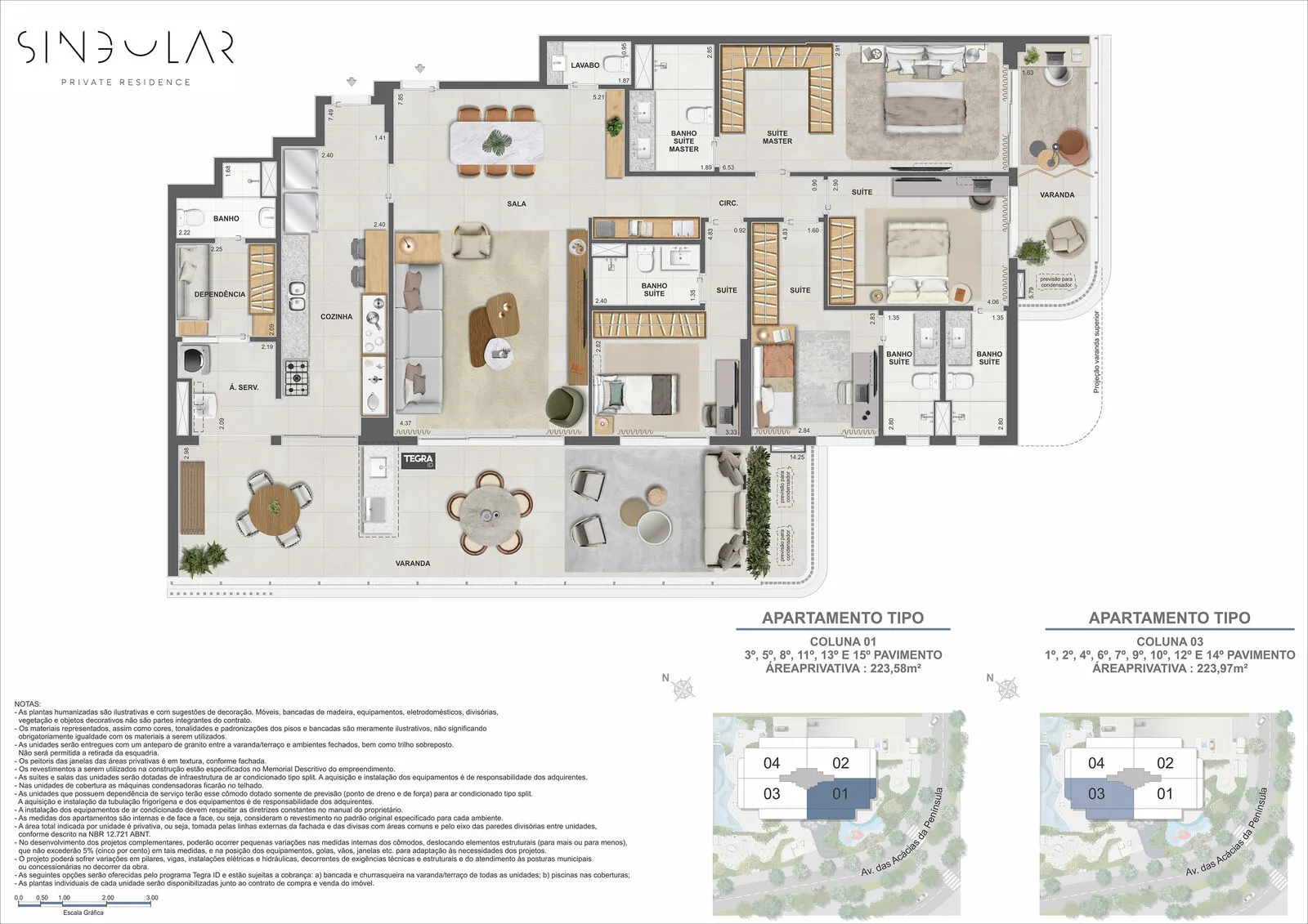 Planta humanizada ilustrativa de 4 suítes, 223,58 e 223,97 m², colunas 01 e 03 do Singular