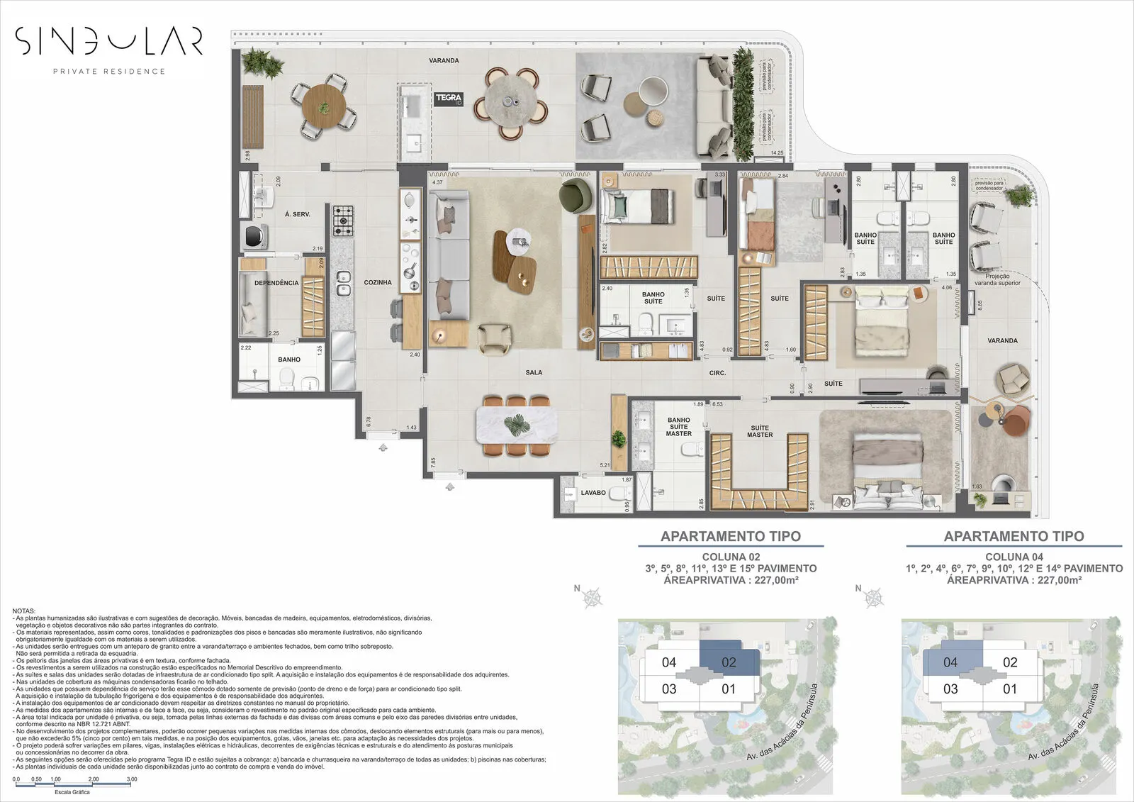Planta humanizada ilustrativa de 4 suítes, 227,00 m², colunas 02 e 04 do Singular
