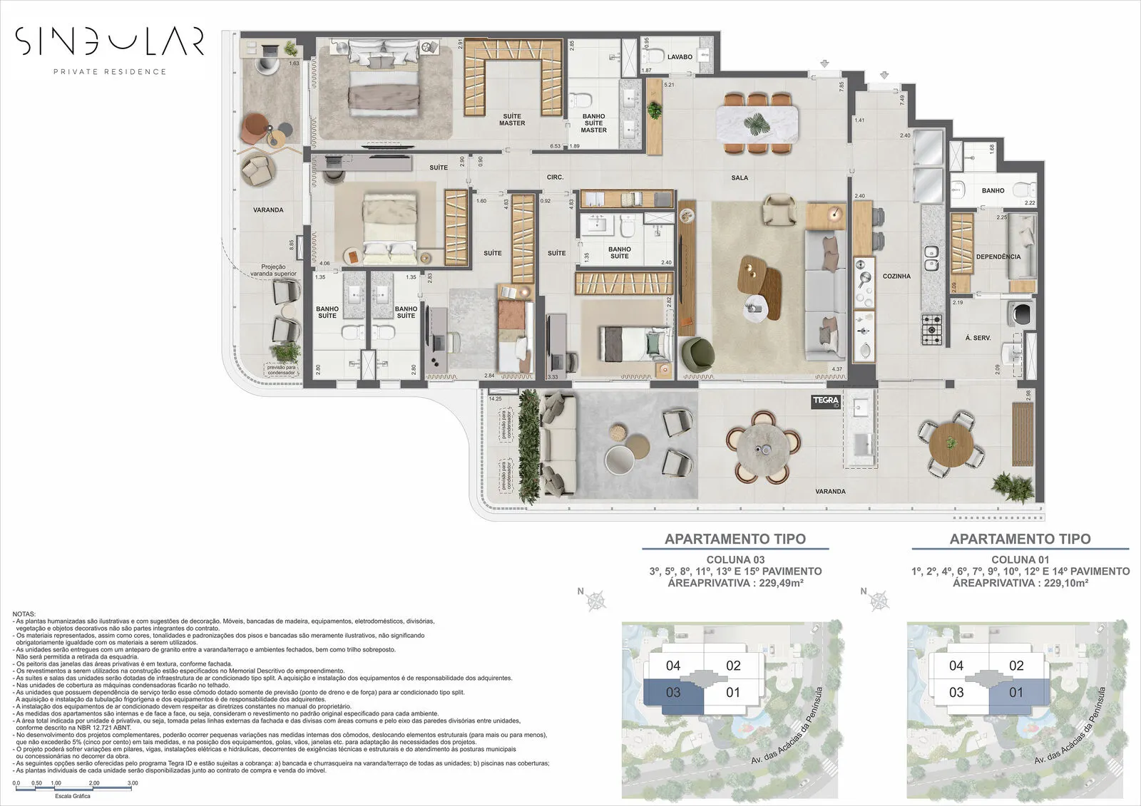 Planta humanizada ilustrativa de 4 suítes, 229,49 e 229,10 m², colunas 03 e 01 do Singular