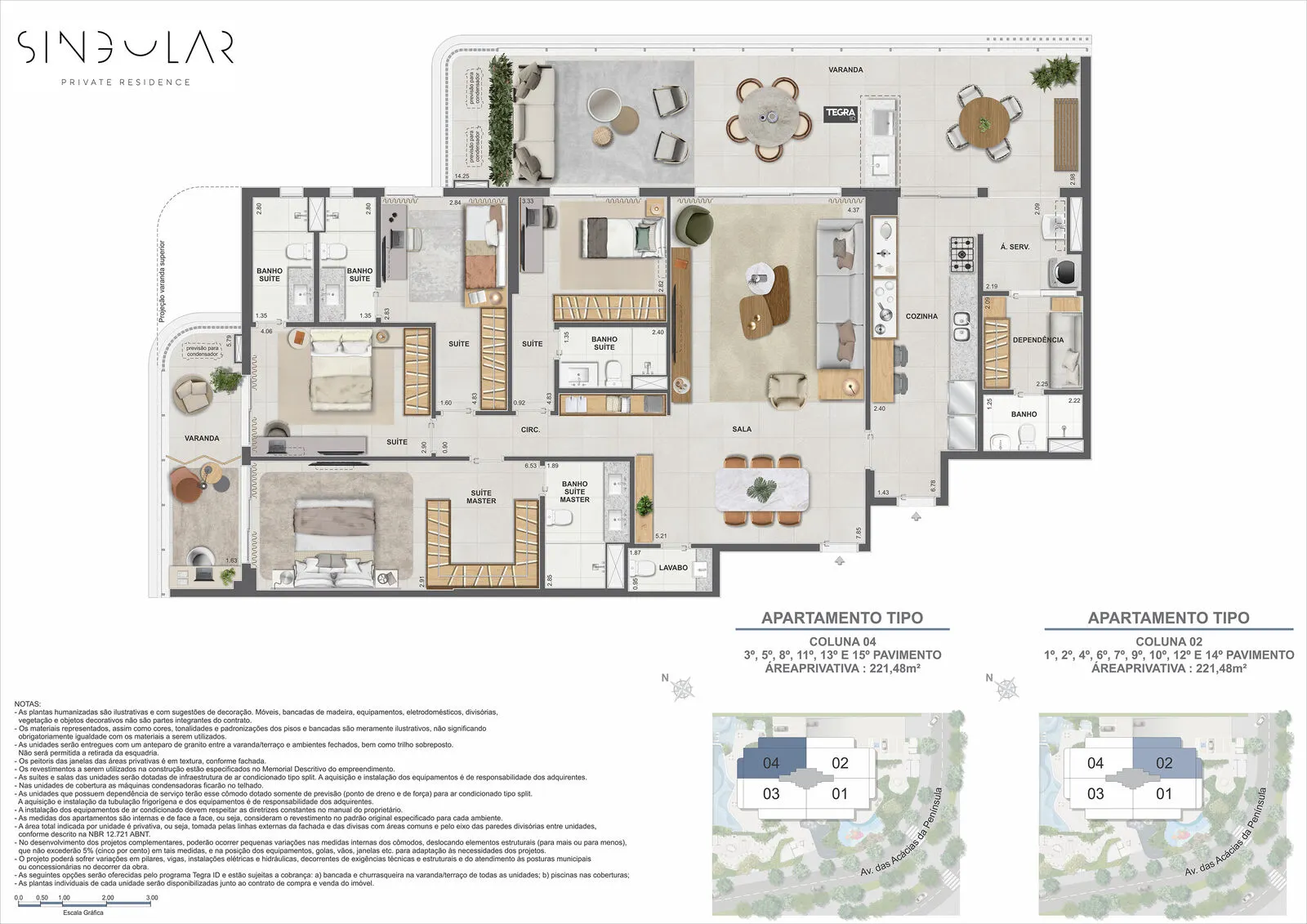 Planta humanizada ilustrativa de 4 suítes, 221,48 m², colunas 04 e 02 do Singular