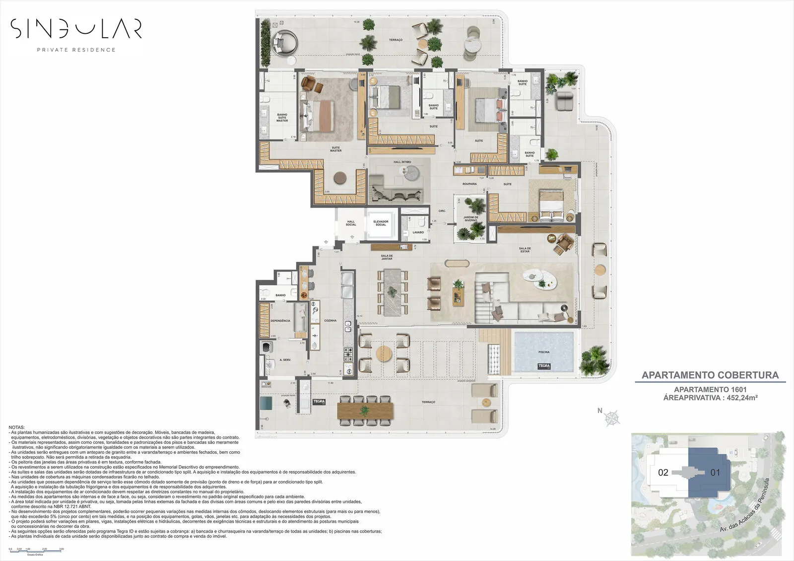 Planta humanizada ilustrativa da cobertura linear 1601 do Singular, 452,24 m²