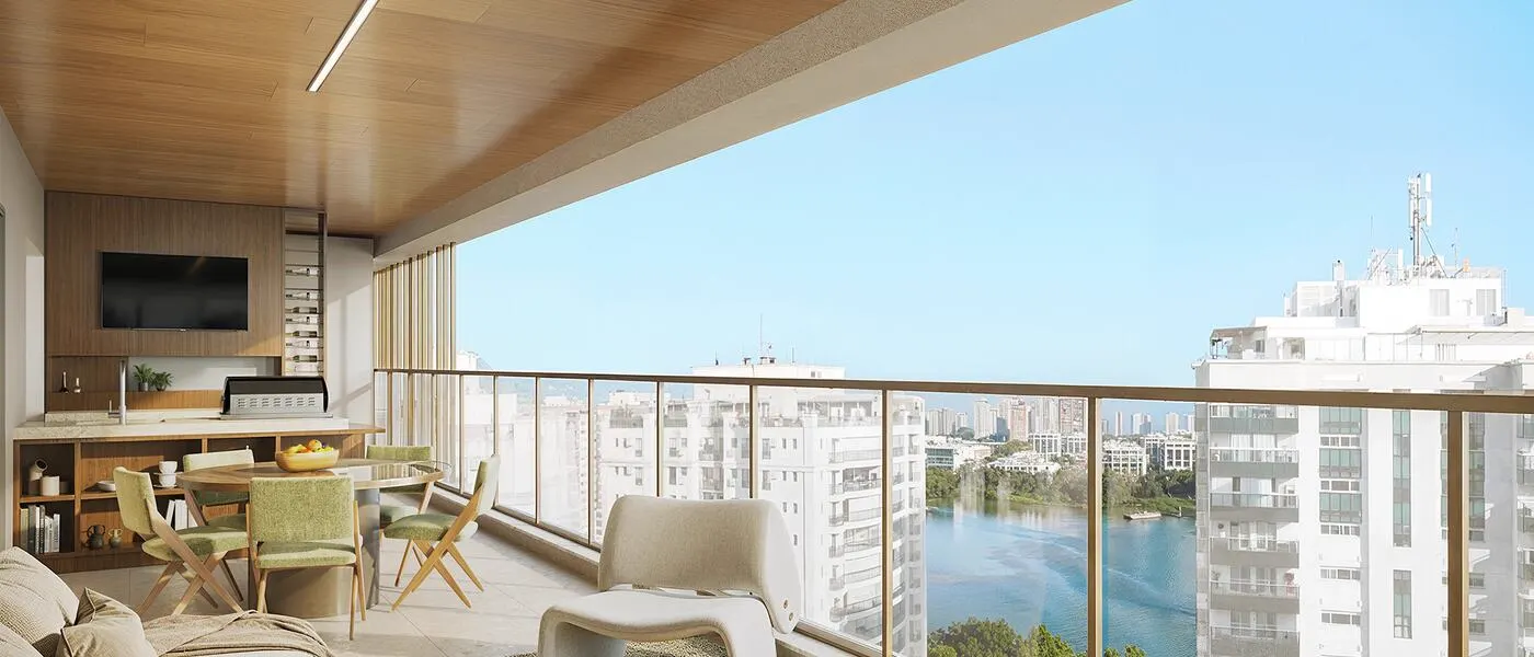 Perspectiva ilustrada da varanda decorada de apartamento do Singular com vista para a lagoa